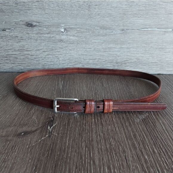 Vintage Justin Brown Tooled Embossed Skinny Belt Size 32 - Picture 1 of 7